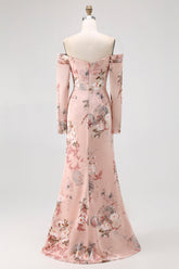 Blush Blumen Schulterfreies Etui Langes Hochzeitsgastkleid mit Schlitz